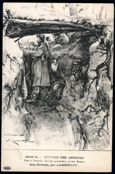 Første Verdenskrig - Krig 14-18 (1914-1918) - Første Verdenskrig (WWI eller 1. Verdenskrig): Frankrig, patriotisk kort, der viser en tegning af en soldat i en skyttegrav, der ser på frontlinjen, med titlen: 