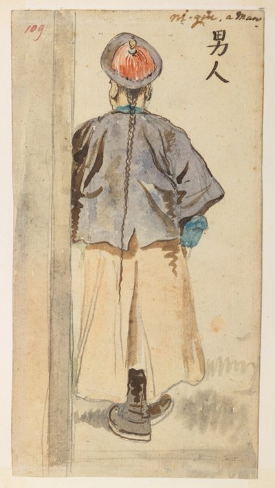 109 kinesisk figurstudie, fra et album med 372 tegninger af landskaber, kystlinjer, kostumer og hverdagsliv lavet under Lord Macartneys ambassade til kejseren af Kina, mellem 1792 og 1794 (blyant og akvarel på papir) af William Alexander