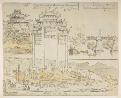 135 Junks bygges nær en triumfbue. »Disse triumfbuer er belønningen for fortjeneste eller fortjenstfulde handlinger. Bro med 3 buer. Molerne er for pyramideformede. Suchew [Soochow]. 7. nov.’, fra et album med 372 tegninger af landskaber, kystlinjer, co af William Alexander