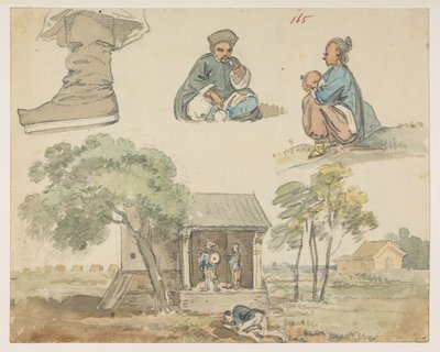 165 Figurstudier og helligdom.  , fra et album med 372 tegninger af landskaber, kystlinjer, kostumer og hverdagsliv lavet under Lord Macartneys ambassade til kejseren af Kina, mellem 1792 og 1794 (blyant og akvarel på papir) af William Alexander