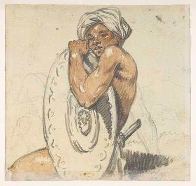 29v Ung mand med skjold.  fra et album med 372 tegninger af landskaber, kystlinjer, kostumer og hverdagsliv lavet under Lord Macartneys ambassade til Kinas kejser, mellem 1792 og 1794 (blyant og akvarel på papir) af William Alexander