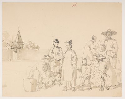 En gruppe fra et album med 372 tegninger af landskaber, kystlinjer, kostumer og hverdagsliv lavet under Lord Macartneys ambassade til kejseren af Kina af William Alexander