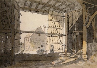 Figurer i en ladedør ved Parsonage House, nær Addington, Kent (blyant og akvarel på papir) af William Alexander