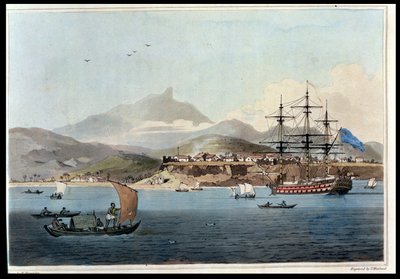 Porto Praya på øen St. Jago, planche 4 fra "A Voyage to Cochinchina" af John Barrow (1764-1848), graveret af Thomas Medland (1755-1823) 1806 (akvatint) af William Alexander