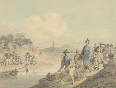 Udsigt i Kina: Figurer med pagode og bjerg af William Alexander