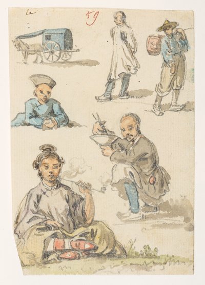 f.11 59 Studier af kinesisk,  fra et album med 372 tegninger af landskaber, kystlinjer, kostumer og hverdagsliv lavet under Lord Macartneys ambassade til Kinas kejser, mellem 1792 og 1794 (blyant og akvarel på papir) af William Alexander