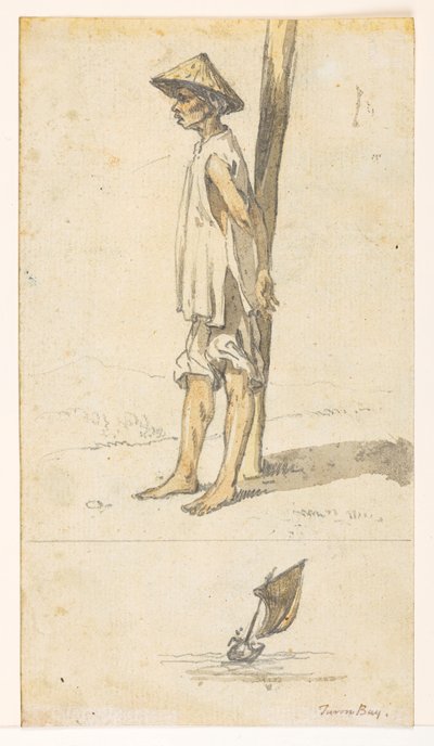 f.5 32v Ung mand lænet op ad et træ;en båd. 