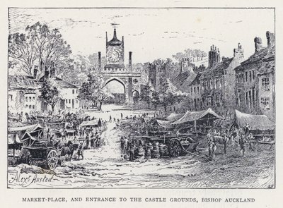 Markedsplads og indgang til slottets område, biskop Auckland (gravering) af William Alexander Ansted