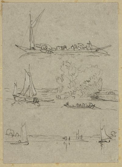 Tre skitser af Düsseldorf-flodbåde af William Alfred Delamotte