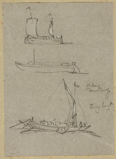 Tre skitser af Düsseldorf-flodbåde af William Alfred Delamotte