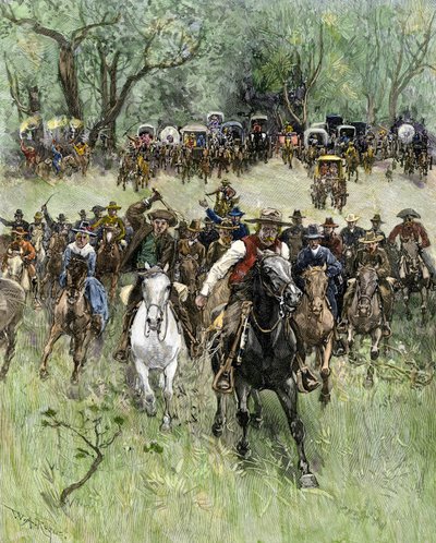 USA, Oklahoma State: West Conquete. Ejere læsser ved signal i West Oklahoma under landrush af William Allen (after) Rogers