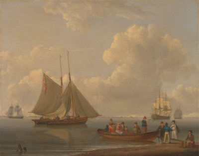 A Wherry, der tager passagerer ud til to forankrede pakker af William Anderson