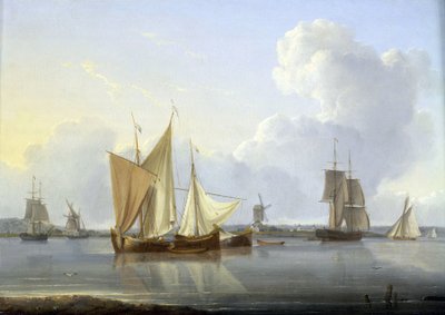 Ankomst til Limehouse, London (England), forskellige både på Themsen og en mølle på bredden, og til højre Greenwich Hospital. Olie på lærred, ca. 1820, af William Anderson (1750-1778). af William Anderson