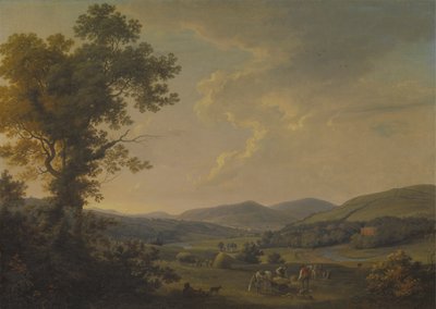 Landskab med haymakers og et fjernt udsigt over et georgisk hus af William Ashford