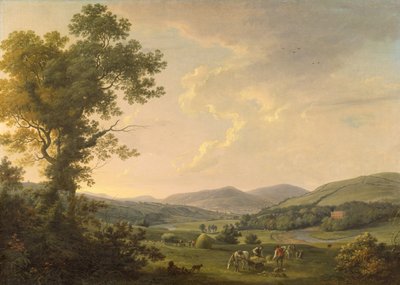 Landskab med hømagere og en fjern udsigt over et georgisk hus, ca. 1780 (olie på lærred) af William Ashford