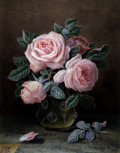 Lyserøde roser i en glasvase. Maleri af William Hough (fl.1850-1900) Privat samling. af William B. Hough