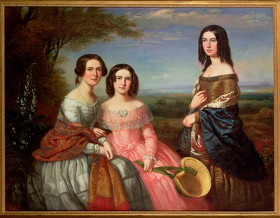 Et gruppeportræt af tre piger, trekvart længde, i et landskab, 1849 af William Baker