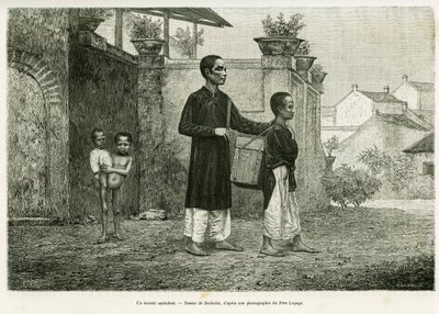 En omvandrende troldmand, en blind massør. Gravering af Barbotin til illustration af historien Trente mois au Tonkin, i 1884, af doktor Paul Hocquard, i le tour du monde 1890, under ledelse af Edouard Charton (1807-1890), Hachette, Paris. af William Barbotin
