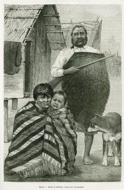 Tre generationer af maorier. Gravering af Barbotin til illustration af historien Voyage a la Nouvelle Zelande, 1889, af G. Verschuur, i le tour du monde 1890, instrueret af Edouard Charton (1807-1890), Hachette, Paris. af William Barbotin