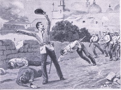 Carrying the Charbagu Bridge, Lucknow 25. september 1857, illustration fra British Battles on Land and Sea, 1915 af William Barnes Wollen