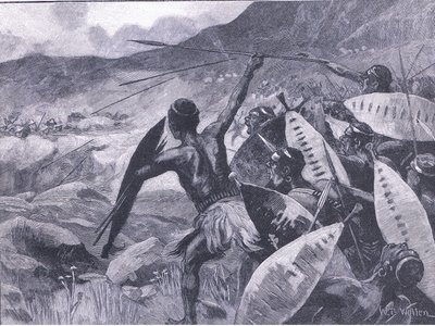 Kamp i Matopos-bakkerne: anklage over Matabele, illustration fra Cassells History of England, 1900-tallet af William Barnes Wollen