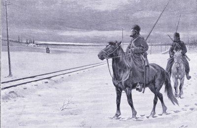 Bevogtning af jernbanen nær Mukden, illustration fra Cassells History of the Russo-Japanese War Vol 1, ca. 1900 af William Barnes Wollen