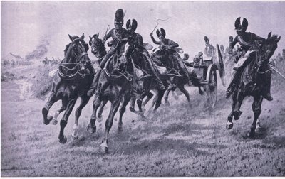 Kanoner til fronten: Waterloo 18. juni 1815, illustration fra British Battles on Land and Sea, 1915 af William Barnes Wollen