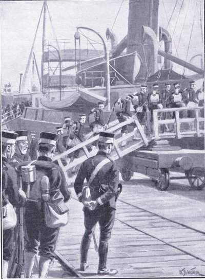 Japanske tropper går om bord i Kobe, illustration fra Cassells History of the Russo-Japanese War Vol 1, ca. 1900 af William Barnes Wollen