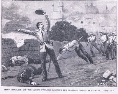 Løjt. Havelock og Madras-fusilierne, der bærer Charbagh-broen ved Lucknow 1857 e.Kr af William Barnes Wollen