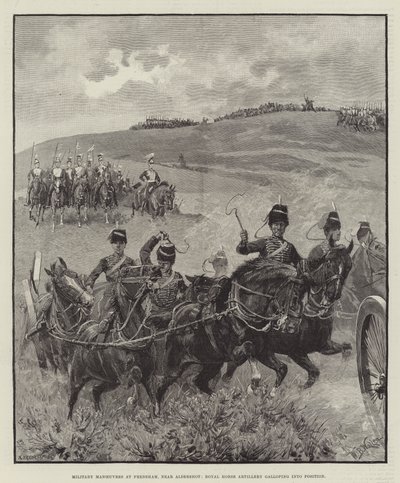 Militære manøvrer ved Frensham nær Aldershot, Royal Horse Artillery galopperer ind i position af William Barnes Wollen