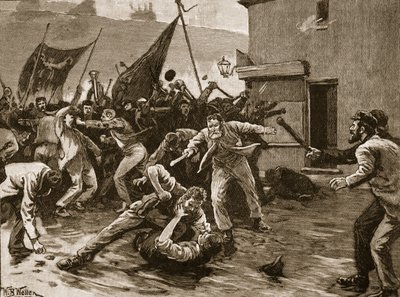 Rioting in Belfast, 1886, illustration fra 