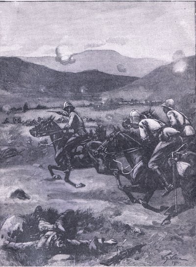 Slaget ved Colenso: Løjtnant Roberts galopperer for at hente katastrofen til våben., illustration fra Cassells History of England, 1900