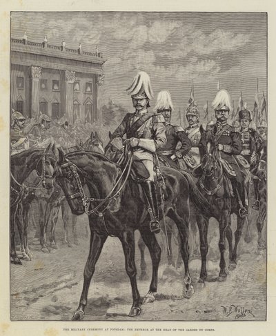 Den militære ceremoni i Potsdam, kejseren i spidsen for Gardes du Corps af William Barnes Wollen