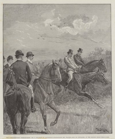 Den parlamentariske steeplechase, hr. F Mildmay om diskretion, der overhaler hr. Walter Long på Crusader, ved det andet hegn hjemmefra af William Barnes Wollen