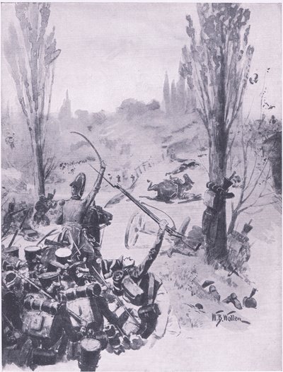 De franske troppers fremrykning ved Ligny, 16. juni 1815, illustration fra britiske slag på land og hav, 1915 af William Barnes Wollen