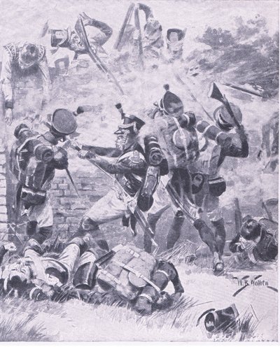 Angrebet på muren ved Hougomont: Waterloo 1815, illustration fra British Battles on Land and Sea, 1915 af William Barnes Wollen
