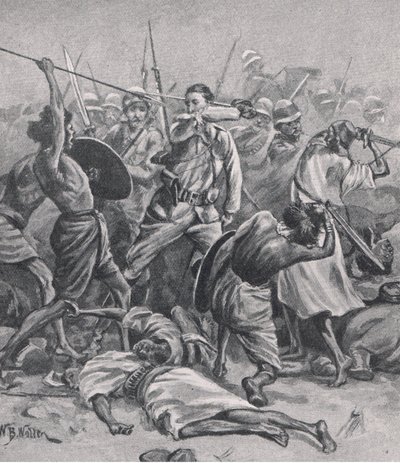 Pladsen ved Abu-Klea, 17. januar 1885, illustration fra britiske slag på land og hav, 1915 af William Barnes Wollen