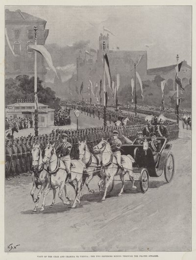 Besøg af zaren og zarinaen i Wien, de to kejsere rider gennem Prater Strasse af William Barnes Wollen
