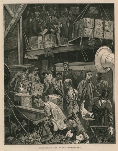 At bryde bulk om bord på et teskib i London-dokken (gravering) af William Bazett Murray