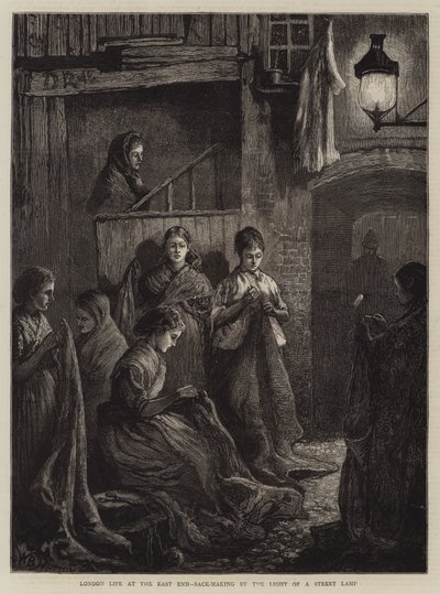London Life at the East End, sækkefremstilling ved lyset af en gadelampe (gravering) af William Bazett Murray