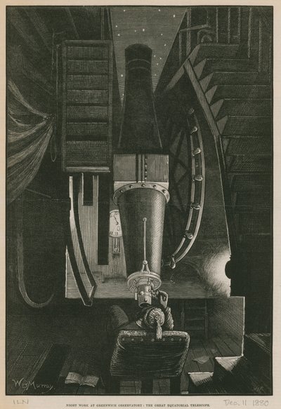 Natarbejde på Greenwich Observatory; Det store ækvatorialteleskop (gravering) af William Bazett Murray