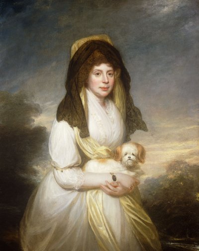 Portræt af dronning Charlotte, trekvart længde, i en hvid kjole, et gult sjal og sort mantilla, der holder en maltesisk hund, på Frogmore Houses grund, af William Beechey