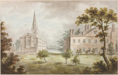 Kirke og hus i landskab (blyant og akvarel på papir) af William Beilby
