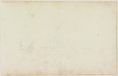 Skitse af skibsrobåd og rytter med line af heste (blyant på papir (på papir med M746)) af William Beilby