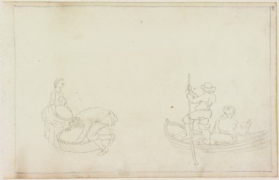 To prammænd og mand og kvinde med kurv (blyant på papir (på papir med M749)) af William Beilby