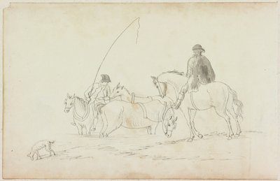 To mænd til hest med to heste og hund (blyant og akvarel (vask) på papir (på papir med M751)) af William Beilby