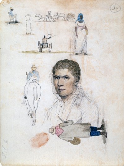 Otte små tegninger, inklusive portræt, figurstudier, vogne, af kunstneren William Berryman. af William Berryman