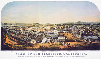 Udsigt over San Francisco, Californien, fra Telegraph Hill, april 1850 (farve litho) af William Birch McMurtrie
