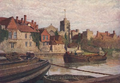 Maidstone. Bagsiden af det gamle palads, Kirken og Old College fra den anden side af Medway, c1900 af William Biscombe Gardner