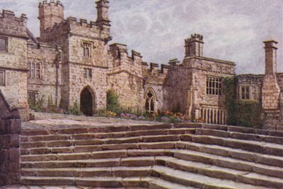 The Lower Courtyard, Haddon Hall (farve litho) af William Biscombe Gardner